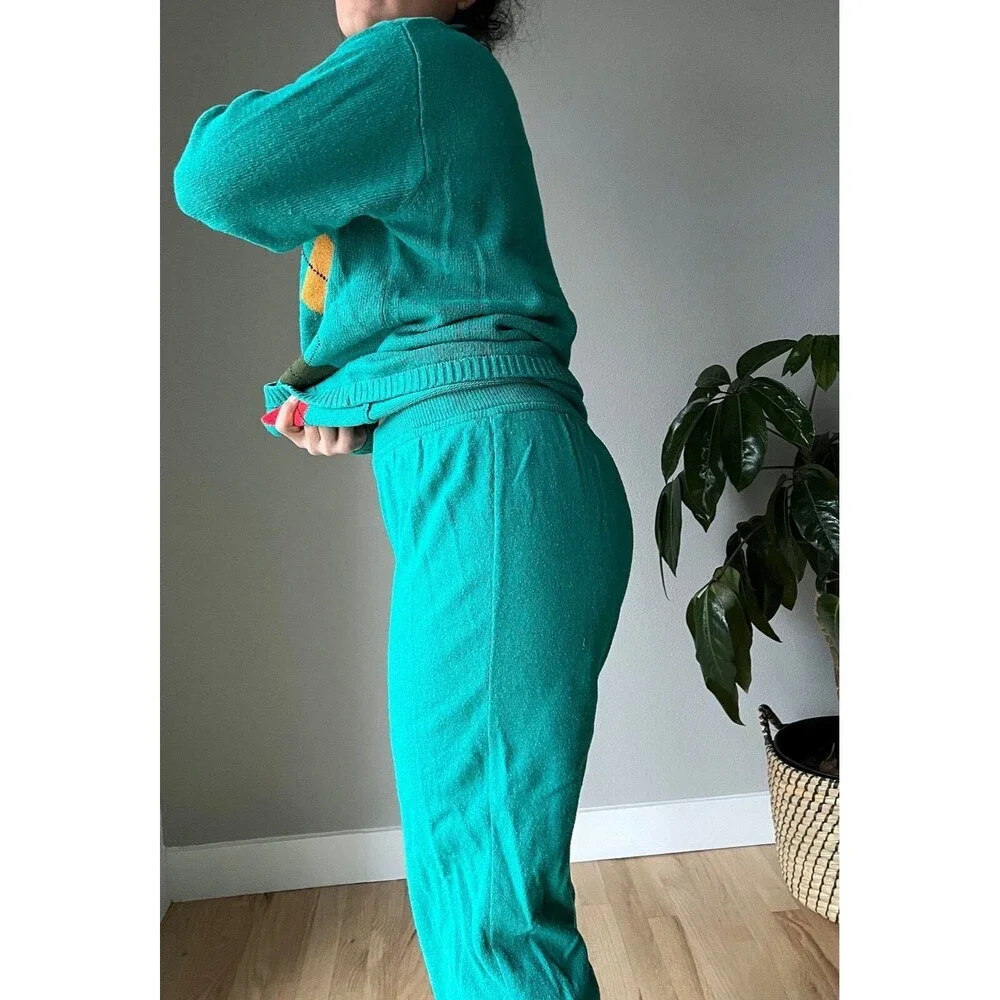 vtg 90s silk wool green knit sweater set‎ argyle print retro loungewear small